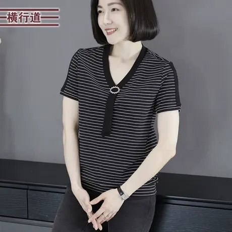 2025夏季新款韩版简约飘带V领撞色条纹宽松装饰扣短袖T恤大码女装商品大图