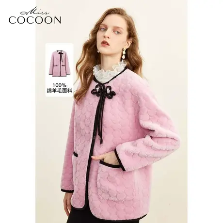 MISSCOCOON新中式2023冬季新女斜门襟中国风盘扣绵羊毛撞色皮草商品大图