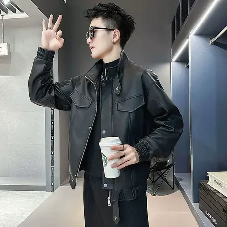2023年秋冬季痞帅机车夹克纯色简约INS个性骑行服小众立领外套图片
