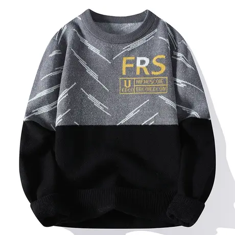 毛衣男秋冬季青少年初高中学生圆领拼接撞色针织衫保暖打底衫线衣商品大图
