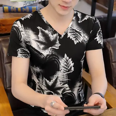 青少年冰丝短袖T恤男夏季V领打底衫卡通上衣中学生半袖夏装潮汗衫商品大图