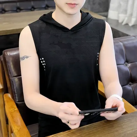 连帽无袖t恤男生潮流韩版夏季冰丝衣服ins帅气运动坎肩背心打底衫商品大图