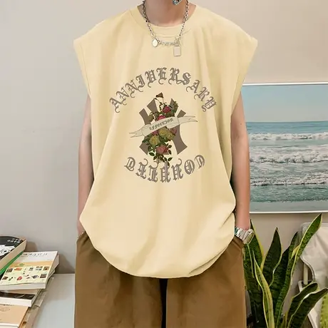 纯棉背心男款夏季新款港风宽松运动坎肩男生潮牌印花宽肩无袖t恤商品大图