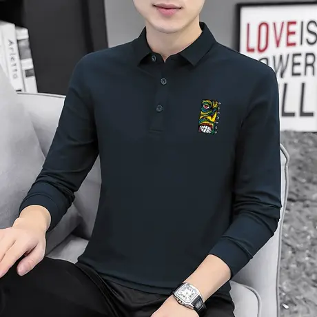 珠地棉polo衫男长袖翻领t恤保罗带领打底衫潮流印花有领商务秋衣商品大图