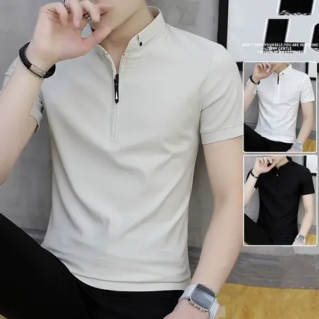 男士短袖t恤立领夏季高端冰丝男装2023新款棉感潮流休闲polo衫男商品大图