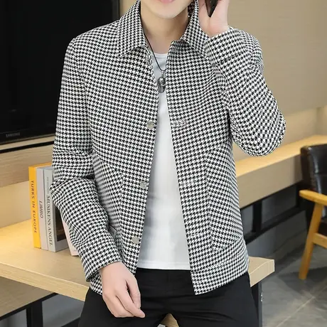 秋季新款潮牌翻领夹克男修身百搭青年千鸟格休闲上衣男士高端外套商品大图