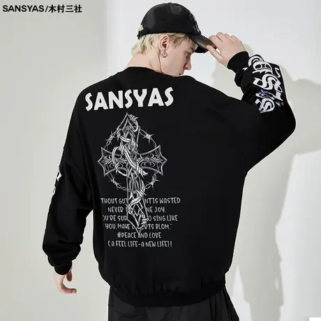 木村三社SANSYAS 十字架印花春季刺绣卫衣男宽松长袖t恤高街上衣商品大图