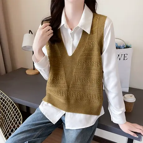 韩版麻花针织马甲背心春秋外搭女士宽松2025新款V领毛线坎肩马夹商品大图