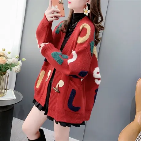 牛角扣字母毛衣外套女秋冬2023年新款宽松慵懒风洋气百搭针织开衫商品大图
