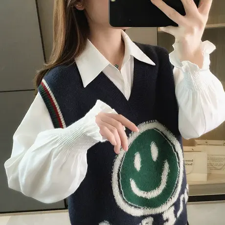 2022秋装新款学院风无袖毛衣针织衫马甲V领背心女士卡通宽松马夹图片
