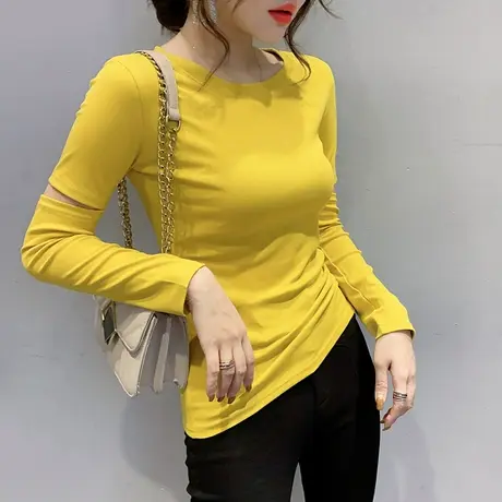 女装2024新款潮个性割破镂空T恤女长袖春秋修身上衣显瘦打底小衫商品大图