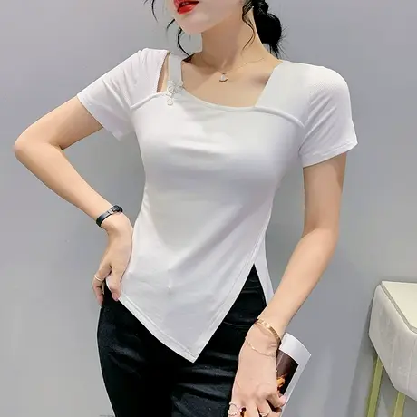 欧货下摆侧开叉上衣女短袖不规则镂空T恤百搭修身性感半袖小衫夏图片
