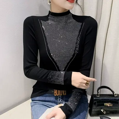 欧货半高领打底衫女秋冬重工烫钻T恤内搭显瘦长袖修身加绒上衣ins商品大图