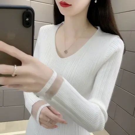 设计感小众春秋新款修身长袖内搭白色v领针织衫女法式毛衣打底衫商品大图
