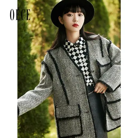 Oece设计感大衣冬装新款女法式复古羊毛呢子毛呢外套图片