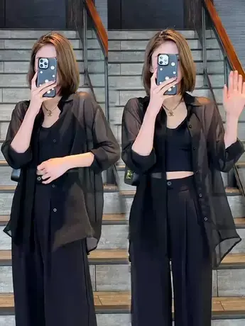 珠光纱雪纺衬衫女夏季薄款新款宽松百搭防晒衫外套中长款翻领上衣图片