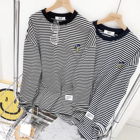 2022春秋新款韩国东大门ins刺绣百搭细条纹长袖T恤上衣打底衫大码图片