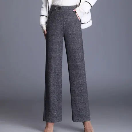 毛呢阔腿裤女秋季高腰格纹长裤2023新款垂感宽松直筒裤通勤休闲裤商品大图