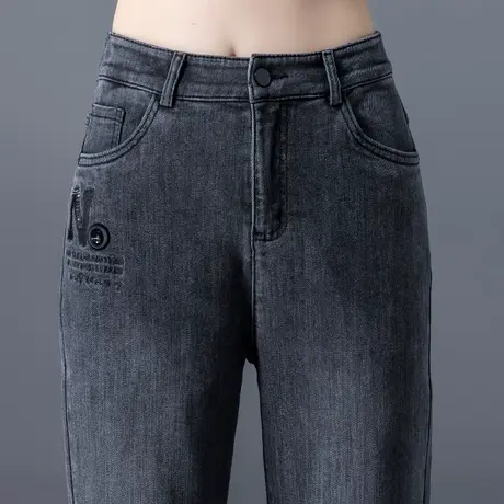 黑色妈妈牛仔裤女2024年新款秋冬加绒高腰小脚女裤宽松九分哈伦裤图片