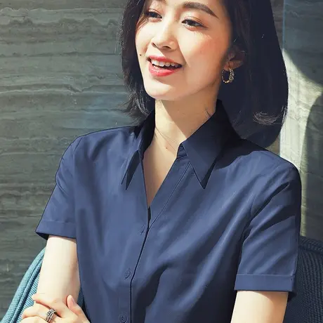 雀后衬衫女夏季新款v领修身显瘦工作服免烫深蓝工装短袖职业衬衣商品大图