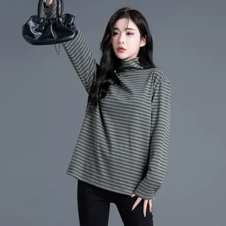 清仓高领加厚德绒打底衫内搭保暖上衣女2024秋冬新款中长款条纹商品大图