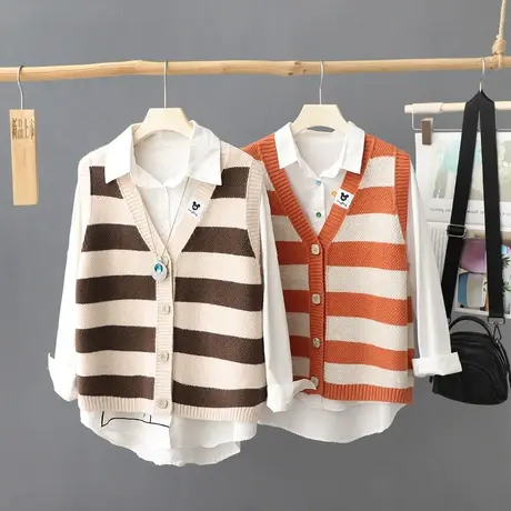 秋装2024新款小众别致条纹针织上衣女V领马甲开衫毛衣毛背心外套商品大图