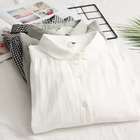 春装简约小清新文艺双层纱棉格子百搭白衬衫女元宝领长袖打底衬衣商品大图