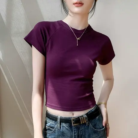 葡萄紫纯棉短袖t恤女夏新款露脐修身显瘦洋气小飞袖美式上衣短款图片