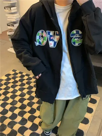 红续开衫拉链卫衣外套女韩版复古慵懒风字母刺绣宽松百搭连帽上衣商品大图