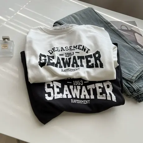 美式复古斑驳字母印花圆领长袖t恤女宽松慵懒风上衣打底衫春秋潮商品大图