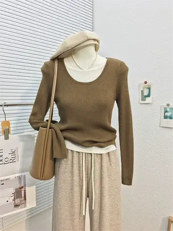 秋装新品弹力修身假两件长袖针织衫设计感叠穿休闲内搭打底上衣女商品大图