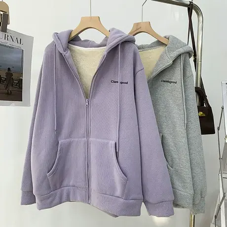 羊羔绒加厚刺绣连帽卫衣女冬季韩版百搭宽松显瘦加绒保暖开衫外套商品大图