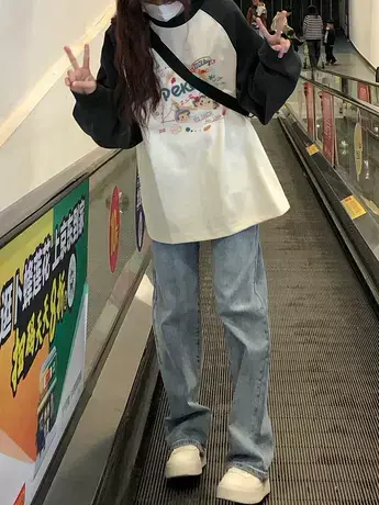 美式复古仿棉长袖t恤女2023新款秋冬季欧货女装内搭打底衫上衣服商品大图