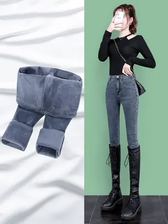 加绒牛仔裤女秋冬季2023年新款加厚高腰修身小脚紧身显瘦弹力靴裤图片