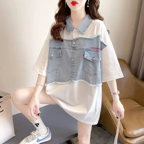 设计感小众短袖t恤女夏装韩版宽松大码中长款牛仔翻领polo衫上衣商品大图