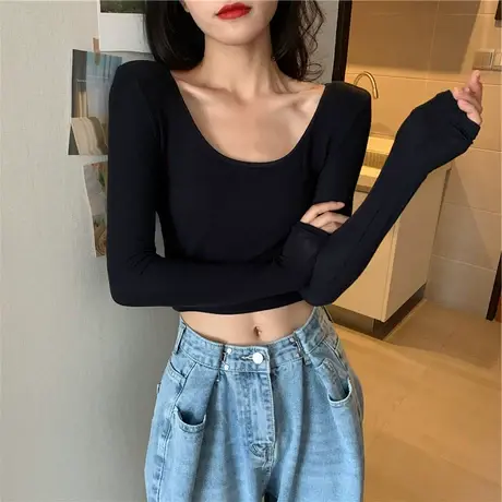 小众设计感不规则U型领长袖t恤女秋季新款纯欲修身内搭打底衫上衣图片