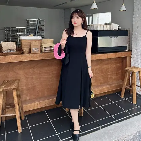 显瘦遮肚子大码黑色吊带连衣裙女胖MM长款A字版休闲百搭夏季新款商品大图