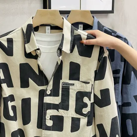 秋季纯棉印花长袖衬衫男港风日系个性设计高级感痞帅衬衣宽松外套图片