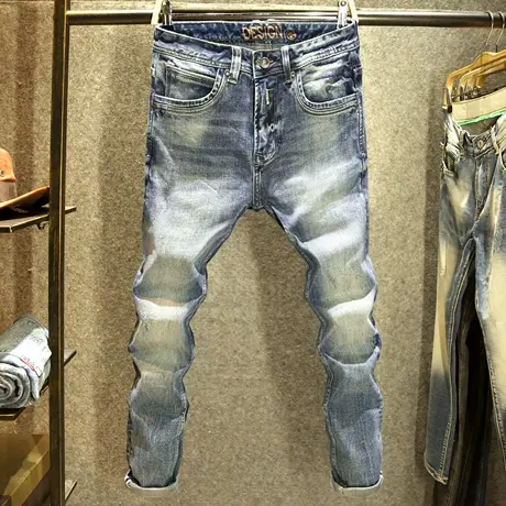 秋冬款高端复古牛仔裤男百搭小直筒修身长裤潮牌时尚怀旧水洗裤子商品大图