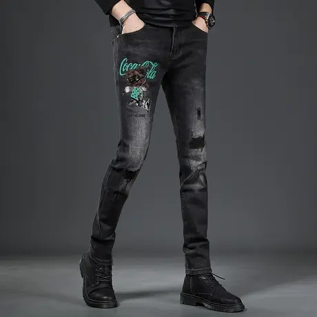 黑色破洞牛仔裤男秋冬季新款修身小脚时尚个性烫钻印花弹力裤子男商品大图