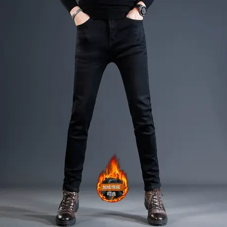 高端黑色加绒加厚牛仔裤男冬季修身小脚2023新款弹力男士裤子秋冬商品大图