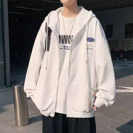 春季华夫格卫衣外套男开衫拉链上衣宽松连帽春秋款潮流夹克男学生商品大图