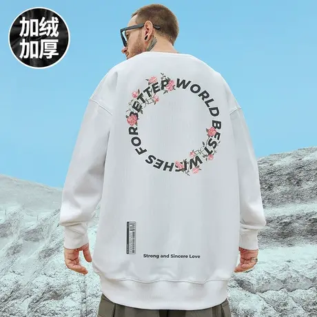 oversize港风圆领胖子卫衣男潮牌ins潮流大码男装秋冬款加绒外套商品大图