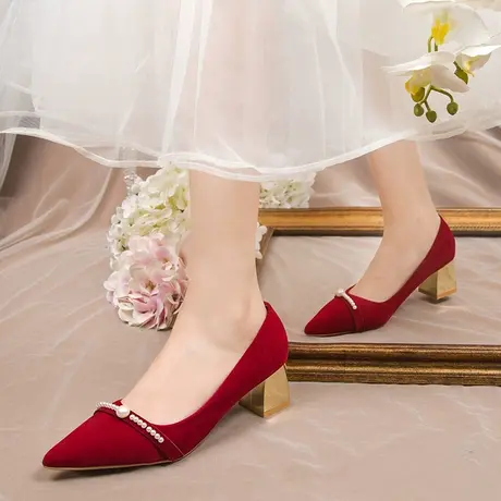春季婚鞋2023年新款加绒粗跟酒红秀禾婚纱结婚新娘高跟鞋百搭中跟图片