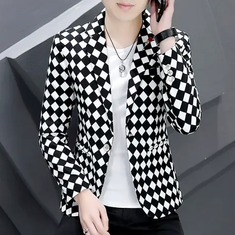 棋盘格子外套西服男春秋季发型师个性帅气单件上衣休闲潮牌小西装商品大图