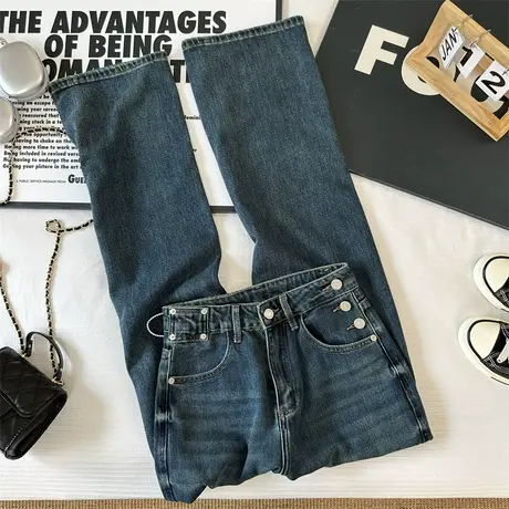 享永子【隐藏胯宽】复古做旧牛仔裤 纽扣设计有垂感显瘦宽松直筒商品大图