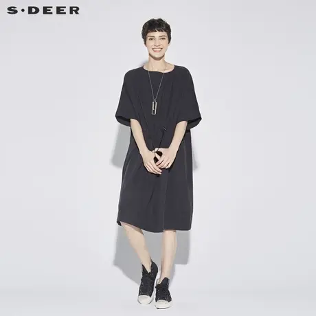 sdeer圣迪奥女装宽松圆领松紧收腰短袖连衣裙S18281206图片