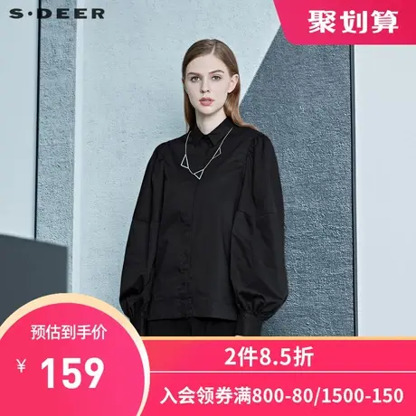 sdeer圣迪奥秋季黑色翻领拼接泡泡袖长袖衬衫女S20360503图片