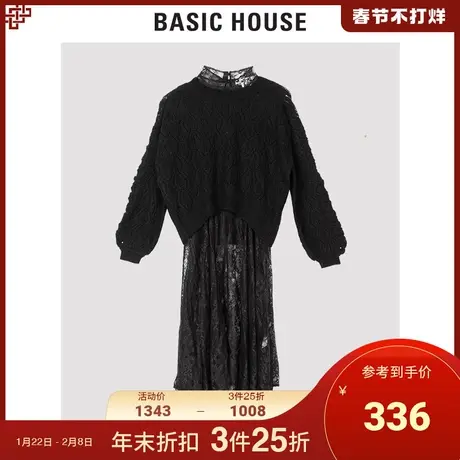Basic House/百家好女装秋冬商场同款黑色蕾丝女针织套衫HUKT721J商品大图