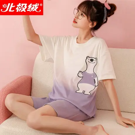 北极绒纯棉睡衣女夏季薄款2022年新款全棉短袖短裤家居服两件套装商品大图